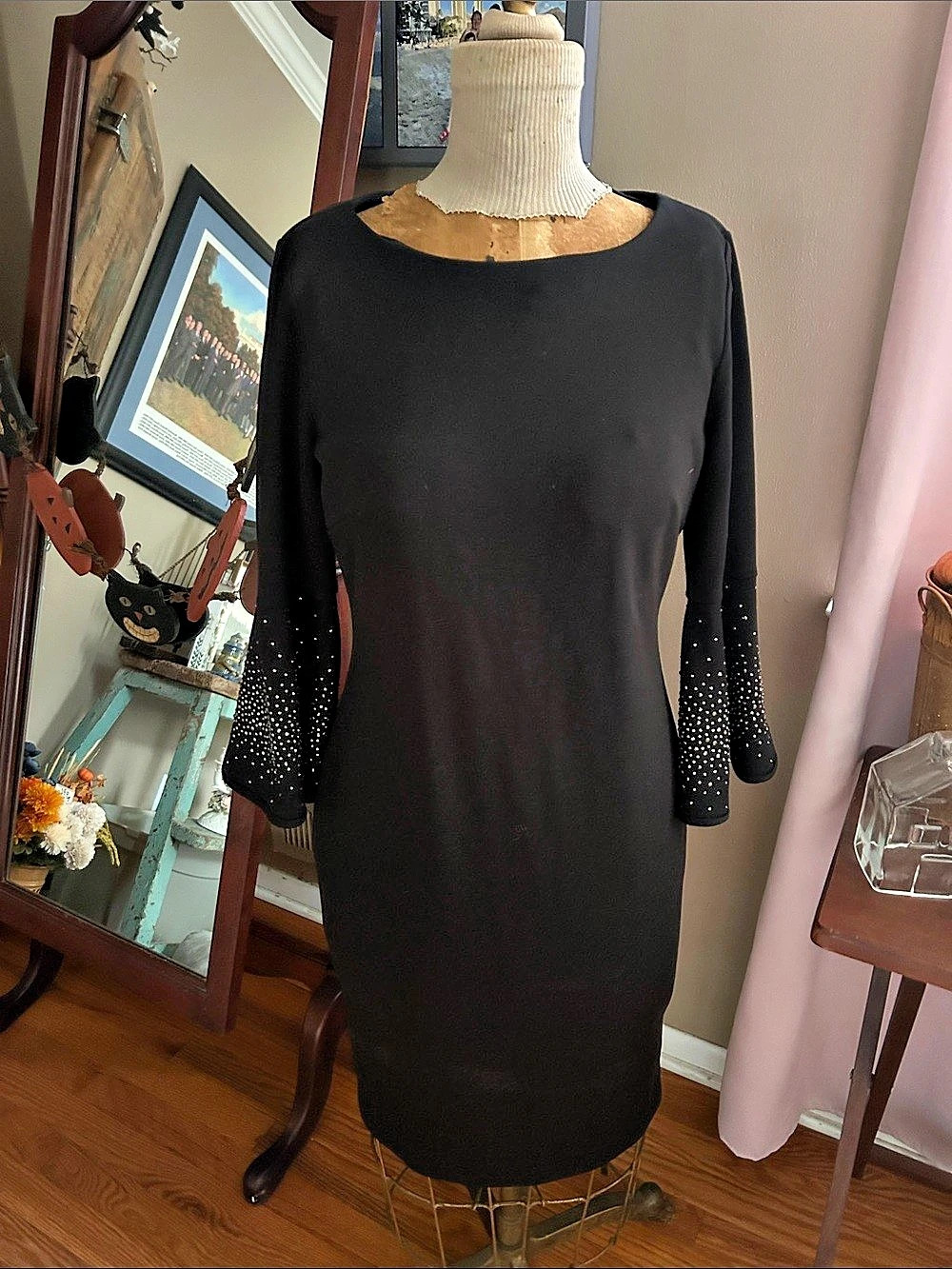 Calvin Klein Black w/Silver Embellished Bell Sleeves Midi Dress | Size 8/Medium